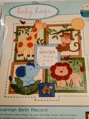 New. Dimensions Baby Hugs Savannah Birth Record Counted Cross Stitch Kit
